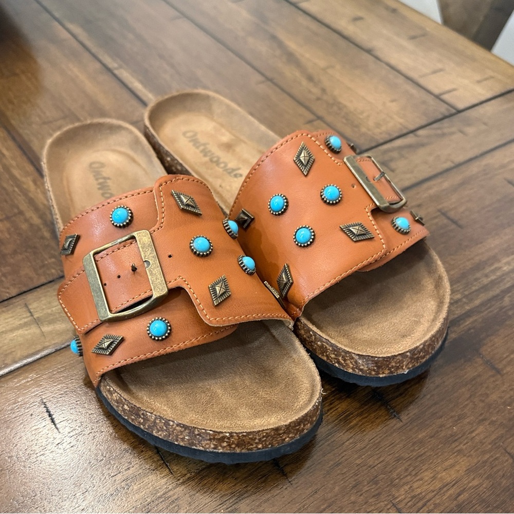 Outwoods Tan Sandals with Blue Embellishments